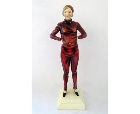 A Goldscheider glazed figure thought to be aviator Amelia Erhart, designed by Stephan Dakon, circa 1927. Model 5938. Impresse