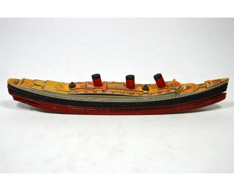 A Boxed Chad Valley Take to Piece Model of R.M.S. Queen Mary, the lithographed card pieces secured together with brass nuts, 