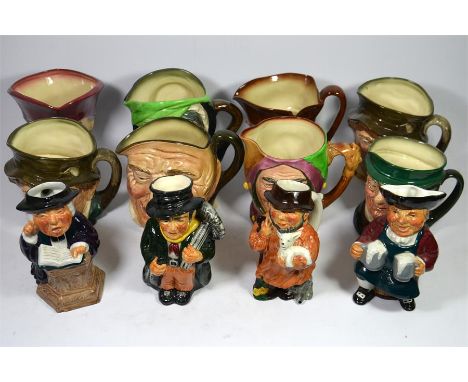 Eight Royal Doulton large character jugs, Paddy x 2, Farmer John, Sairey Camp, Touch Stone, Old Charley, Mr Pickwick, The Car