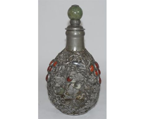 A Chinese decorated pewter and glass flask with stopper. Early 20th century. Height 20cm.