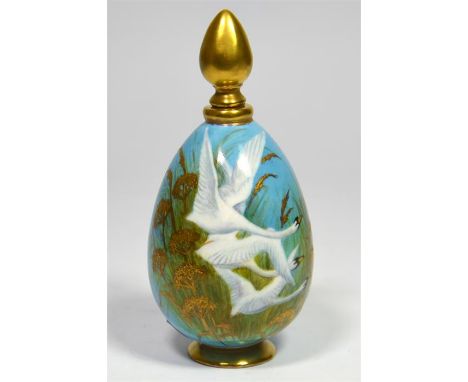 A hand painted  scent bottle and stopper, in the style of Royal Worcester artist C. Baldwin, decorated with swans. Printed ma