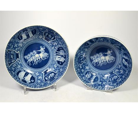 Two Spode bowls, Greek pattern, blue and white coloured, circa 1900. Diameters 19.5cm, 21.5cm. (2)