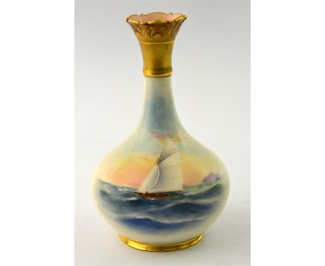 A Royal Worcester vase, with sailing ships decoration, signed R. Rushton and date code for 1911. Height 14cm.