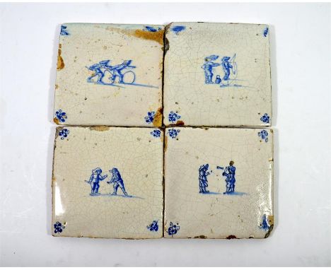 Four Dutch Delft tiles, blue and white, all depicting scenes with children playing games, circa 1670. 13cm. (4)