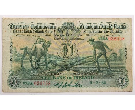 Banknotes. Ireland, Currency Commission Consolidated Banknote, 'Ploughman' The Bank of Ireland, One Pound, 9-2-39, signed Joh