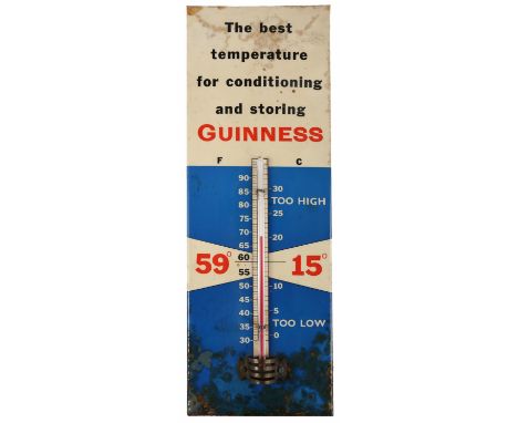 Guinness cellar thermometer. A blue and white rectangular wall thermometer, "The best temperature for conditioning and storin