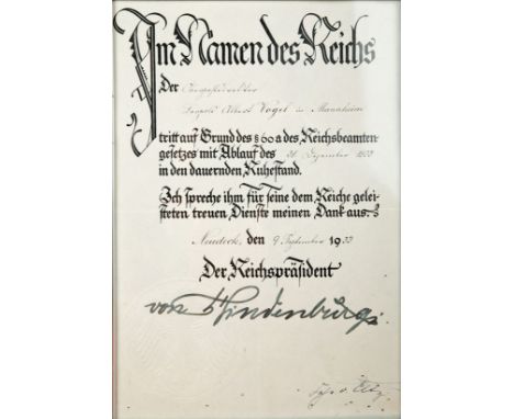 1933 Germany. A part printed part handwritten document in German signed 'von Hindenburg' 11½" x 8", 29 x 20cm, framed. Paul L