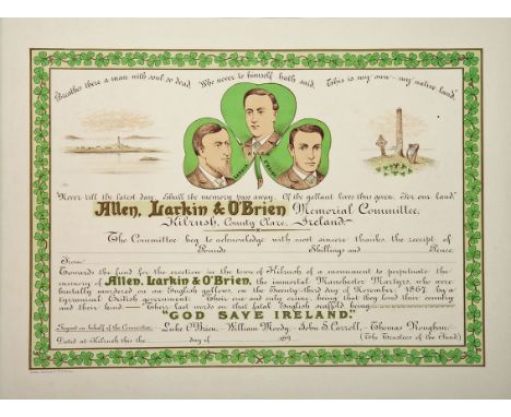 1867 Allen Larkin &amp; O'Brien (Manchester Martyrs) Memorial, Kilrush, Co. Clare, certificate of subscription. A memorial to
