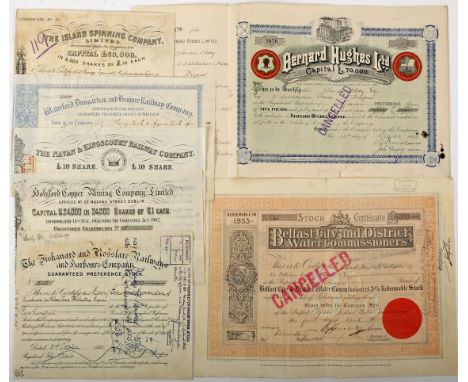 Irish scripophily 1864-1933. A collection of seven Irish share certificates. Holyford Copper Mining Company Ltd. 1864; The Na