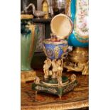 A LARGE FABERGE STYLE DIAMOND ENCRUSTED, GUILLOCHE ENAMEL, SILVER GILT AND NEPHRITE SURPRISE EGG