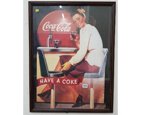 LARGE FRAMED VINTAGE COCA COLA ADVERTISING POSTER