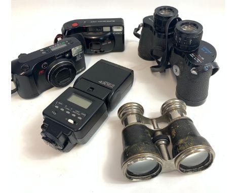 Swift Triton MKII binoculars, 19th century binoculars together with Canon Speed light 430EZ Flash, Minolta compact camera 135