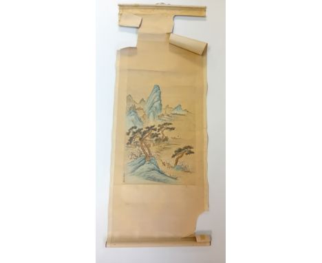 Antique Chinese coloured painted scroll [damaged]
