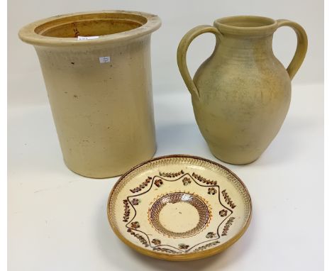 Glazed ceramic plant pot , two handled pottery jug and hand painted plate