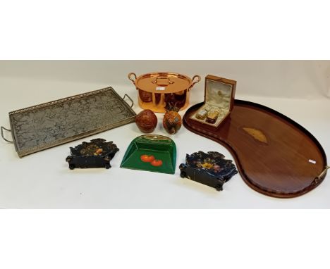 Collection of odds; Silver plated floral design tray, inlaid kidney shaped tray, copper pan, vintage dust pan, pair of papier
