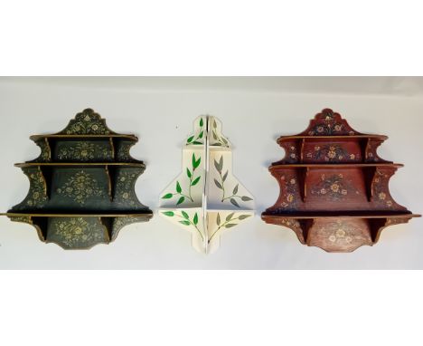 Three vintage hand painted hanging shelf units
