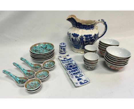 A mixed lot of Chinese Dining sets to include soup spoons, chopstick stands, together with Lingard Webster Tunstall heart tea