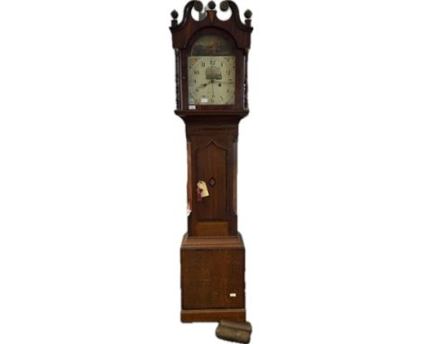 A 19th century mahogany cased grandfather clock surmounted by scroll carved mouldings and finials, the face with hand painted