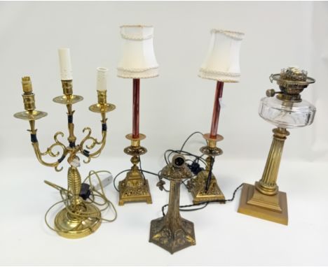 Collection of Brass Lamps to include Hinks No2 Duplex oil lamp, Brass Candelabra, Ornate floral lamp and a pair of brass orna