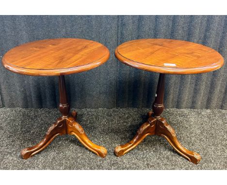Two reproduction mahogany circular side tables raised on tripod bases [52x44cm]