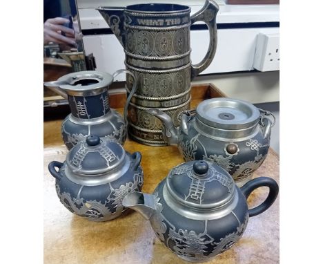 Vintage Wen Hua Shun Pewter and Ceramic Tea Set with pitcher