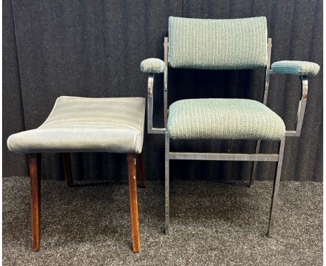 A Renbow international vintage chair with moveable back upholstered in a woven duck egg material together with a vintage spoo