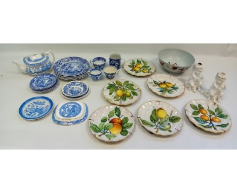 Antique Majolica hand painted plates, Copeland Spode blue and white ware, porcelain cherub candlestick holders,oriental blue 