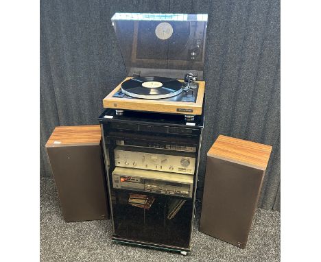 A HiFi system: Technics tape deck, amplifier, stereo tuner, disc player with Dual record player together with KEF Speaker