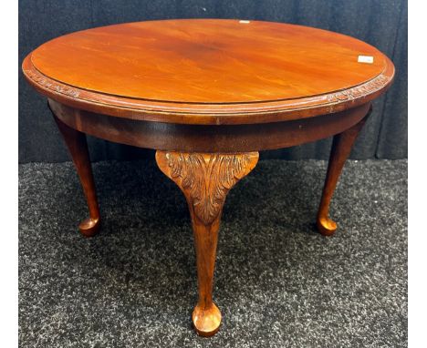 A Chippendale circular table by maker H.Shaw London, The circular surface raised on cabriole legs with a acanthus carved deta