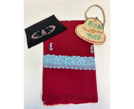 A vintage Wool embroidered paisley pattern wrap together with a 1920s french clutch and a black Majestic clutch bag with an e