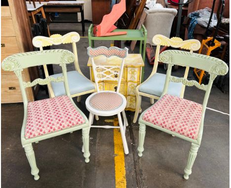 A mixed lot of French style hand painted furniture to include, chest of drawers, four pastel painted chairs, white painted be
