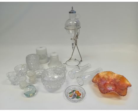 Collection of Glass ware and Crystal to include Sherry Dispenser, Three Vintage Shades, Iridescent Opal Bowl, Paperweight etc