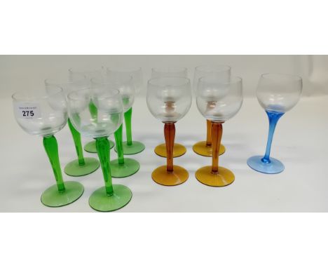 Collection of vintage coloured stemmed Hock Wine Glasses