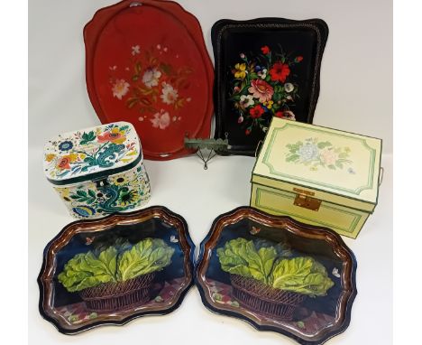 Pair of Ian Logan paintings printed on a tin tray, two vintage boxes and two vintage painted trays