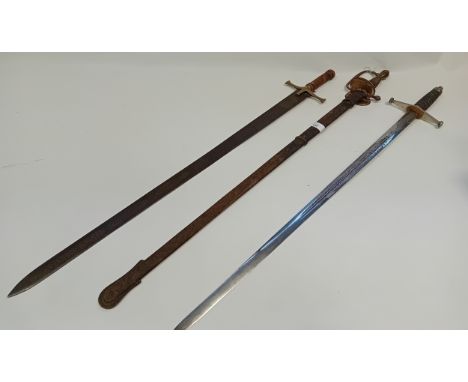 British Court Sword with scabbard, Scottish Infantry Officers sword with cross hilt and a French Infantry pattern Sword