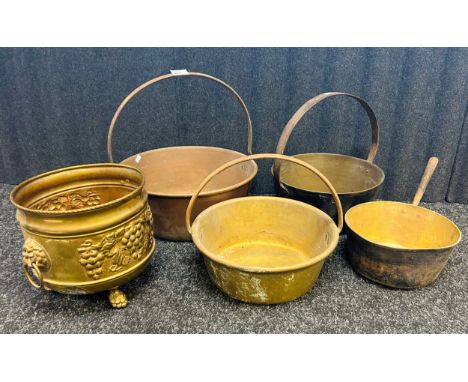 Three brass / Cooper Jelly pans with handles together with a two handled brass Planter and pan.