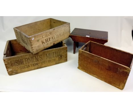 Vintage wooden crates marked Fishermen's Mutual Association (Pittenweem) Ltd, Champagne Krug Bottles 1920, vintage stool and 