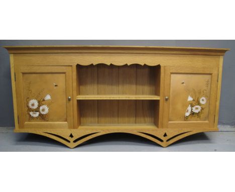 LOCALLY MADE WELSH OAK TWO DOOR HANGING CABINET with centre shelf, moulded cornice and pierced frieze, the cupboard doors dec