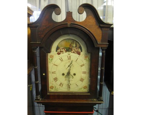 EARLY 19TH CENTURY 30 HOUR OAK LONGCASE CLOCK having broken arch pediment to the hood above arched aperture flanked by ring t