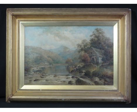 WILLIAM HENRY MANDER (British 1850-1922), 'Dinas Mawddy, North Wales', Welsh river landscape with water mill, couple fishing,