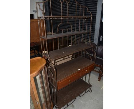 A modern wrought iron frame shelf/display having tiered top, shelf and drawers, approx dimensions w90 h200 d40cm, needs a cle