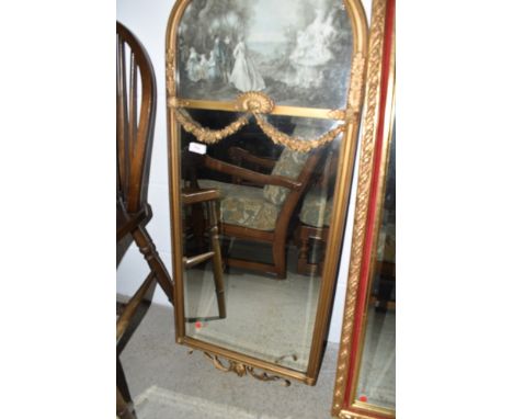 A mid 20th Century period style console wall mirror, having Watteau pictorial and swag decoration, bit of wear to top, possib