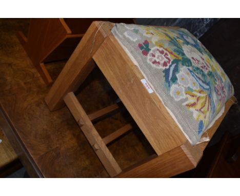 A late C20th golden oak craftsman stool having inset tapestry top