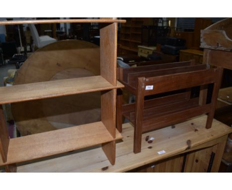 A 1970's teak magazine rack and a wall shelf