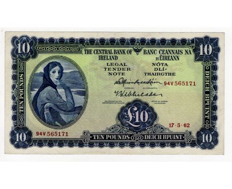 Ireland Republic 10 Pounds dated 17th May 1962, Lady Lavery portrait at left, signed Muimhneachain &amp; Whitaker, serial 94V