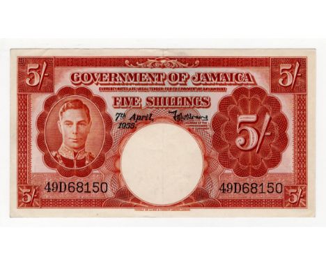 Jamaica 5 Shillings dated 7th April 1955, portrait King George VI at left, serial 49D 68150 (BNB B106j, Pick37b) crisp origin