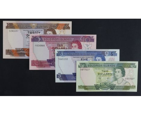 Solomon Islands (4), 20 Dollars issued 1981, 10 Dollars, 5 Dollars and 2 Dollars issued 1977, portrait Queen Elizabeth II at 