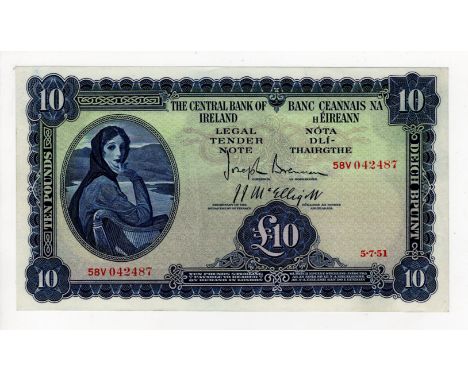 Ireland Republic 10 Pounds dated 5th July 1951, rarer early date of issue, Lady Lavery portrait at left, signed Brennan &amp;