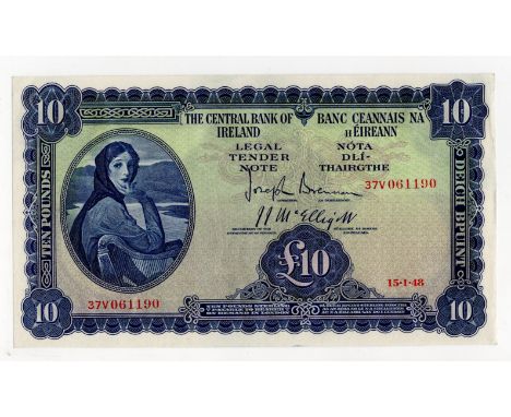 Ireland Republic 10 Pounds Lady Lavery dated 15th January 1948, rarer early date of issue, Lady Lavery portrait at left, sign