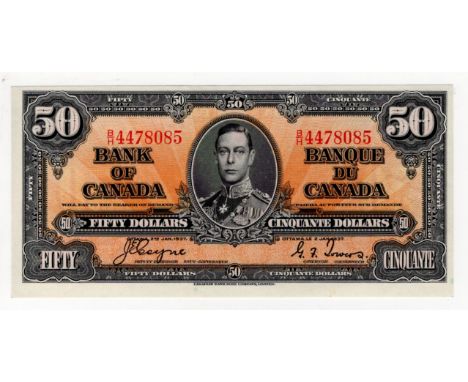 Canada 50 Dollars dated 2nd January 1937, portrait King George VI at centre, signed Coyne &amp; Towers, serial B/H 4478085 (B
